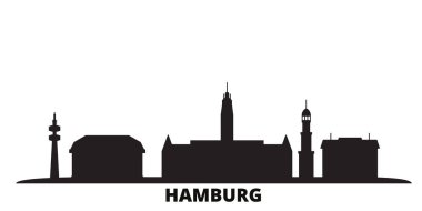 Almanya, Hamburg şehir silueti izole vektör çizimi. Almanya ve Hamburg siyah şehir manzarası ile seyahat ediyor