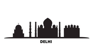 Hindistan, Delhi City silueti izole vektör çizimi. Hindistan ve Delhi Şehri siyah şehir manzarası ile seyahat ediyor