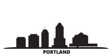 Birleşik Devletler, Portland City silueti izole vektör çizimi. Amerika Birleşik Devletleri ve Portland Şehri siyah şehir manzarası ile seyahat ediyor