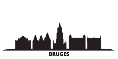 Belçika, Bruges şehrinin silueti izole edilmiş vektör çizimi. Belçika, Bruges siyah şehir manzarası ile seyahat ediyor
