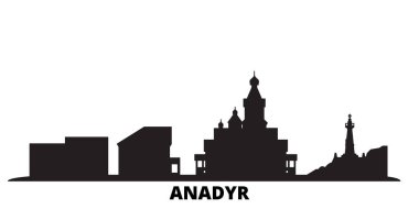 Rusya, Anadyr şehri silueti izole edilmiş vektör çizimi. Rusya ve Anadyr siyah şehir manzarası ile seyahat ediyorlar