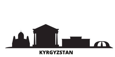 Kırgızistan şehrinin silueti izole edilmiş vektör çizimi. Kırgızistan siyah şehir manzarası ile seyahat ediyor