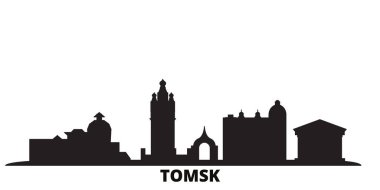 Rusya, Tomsk şehri silueti izole edilmiş vektör çizimi. Rusya ve Tomsk siyah şehir manzarası ile seyahat ediyor