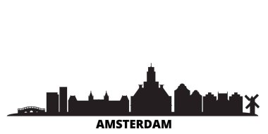 Hollanda, Amsterdam City silueti izole edilmiş vektör çizimi. Hollanda, Amsterdam Şehri siyah şehir manzarası ile seyahat ediyor