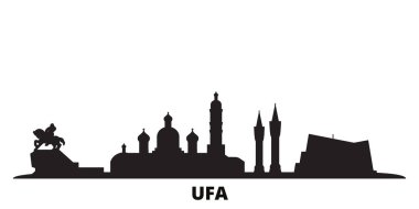 Rusya, Ufa şehri izole edilmiş vektör çizimi. Rusya ve Ufa siyah şehir manzarası ile seyahat ediyor
