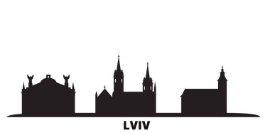Ukrayna, Lviv şehrinin silueti izole edilmiş vektör çizimi. Ukrayna ve Lviv siyah şehir manzarası ile seyahat ediyor