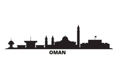 Umman, Muscat şehri silueti izole vektör çizimi. Umman, Muscat siyah şehir manzarasında seyahat eder.
