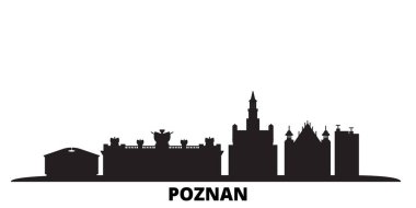 Polonya, Poznan şehri silueti izole edilmiş vektör çizimi. Polonya ve Poznan siyah şehir manzarası ile seyahat ediyor