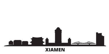 Çin, Xiamen şehri silueti izole edilmiş vektör çizimi. Çin ve Xiamen siyah şehirlere seyahat ederler.