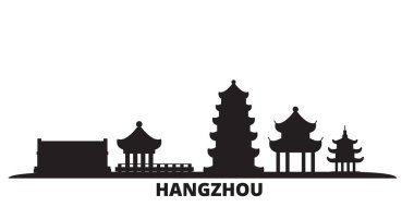 Çin, Hangzhou şehri silueti izole edilmiş vektör çizimi. Çin ve Hangzhou siyah şehirlere seyahat eder.