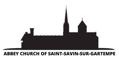 Fransa, Saint Savin Sur Gartempe Abbey Kilisesi. Şehir simgesi şehir silueti izole edilmiş vektör çizimi. Fransa ve Saint Savin Manastırı Kilisesi Gartempe Landmark Siyah Şehir Bölgesi