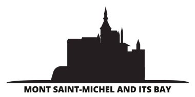 Fransa, Mont Saint Michel ve Bay Landmark şehrinin silueti izole edilmiş vektör çizimi. Fransa, Mont Saint Michel ve Körfez Kenti Siyah Şehir Bölgesi
