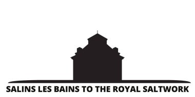 Fransa, Salins Les Bains to the Royal Saltwork Landmark City Skyline izole edilmiş vektör çizimi. Fransa, Salins Les Bains Kraliyet Deniz Ürünleri Simgesi Siyah Şehir Bölgesi
