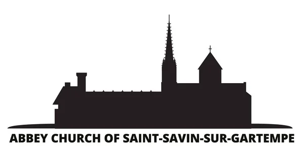 Frankreich, Abteikirche Saint Savin sur Gartempe Wahrzeichen Stadt Skyline isolierte Vektorillustration. frankreich, abteikirche des heiligen savin sur gartempe sehenswertes reiseziel schwarze stadtlandschaft — Stockvektor