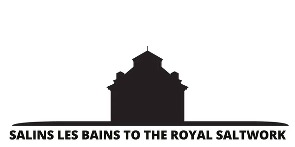 Frankrijk, Salins Les Bains To The Royal Saltwork Bezienswaardige skyline geïsoleerde vectorillustratie. Frankrijk, Salins Les Bains To The Royal Saltwork Landmark reizen zwart stadsgezicht — Stockvector