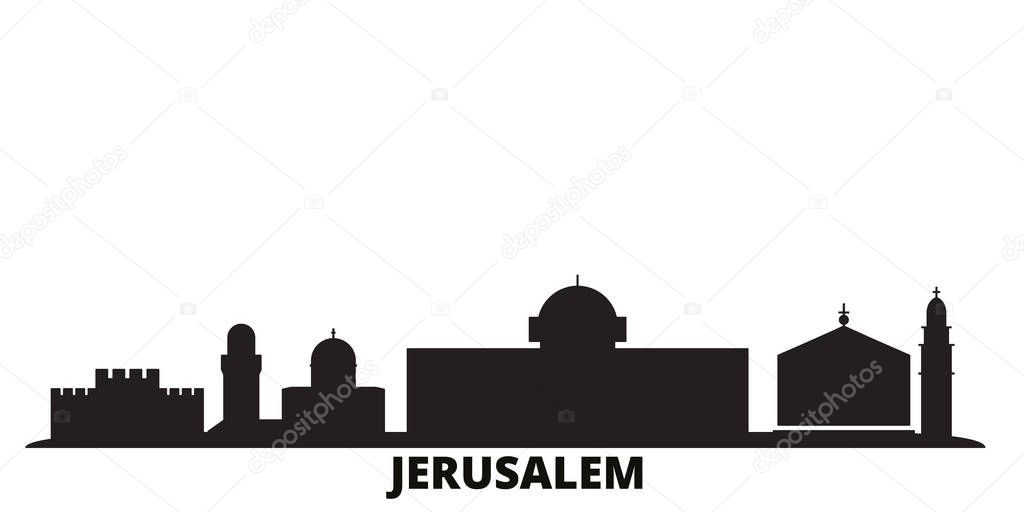 Israel, Jerusalem city skyline isolated vector illustration. Israel, Jerusalem travel cityscape with landmarks