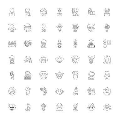 İnsanlar karakterler doğrusal simgeler, işaretler, semboller vektör çizgisi çizimi