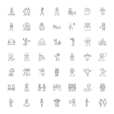 Sıradan insanlar doğrusal simgeler, işaretler, semboller vektör çizgisi çizimi