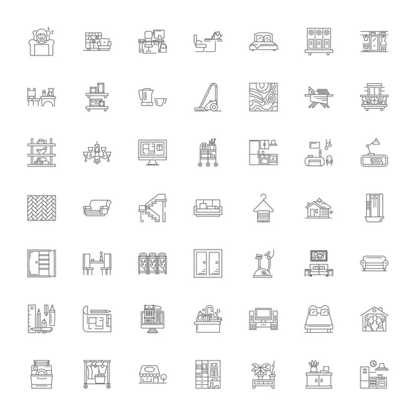 Interior design linear icons, signs, symbols vector line illustration set — Stock Vector