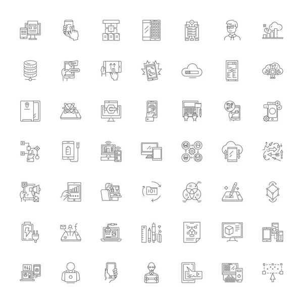 Alkalmazásfejlesztés lineáris ikonok, jelek, szimbólumvektor vonal illusztrációs készlet — Stock Vector