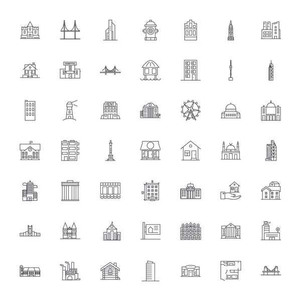 Линейные иконки общественных зданий, знаки, символы — стоковый вектор