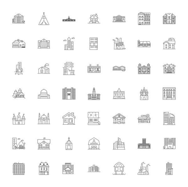 Buildings design linear icons, signs, symbols vector line illustration set — Stock Vector