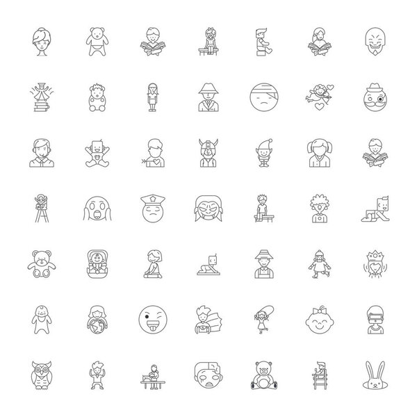 Cartoon people linear icons, signs, symbols vector line illustration set