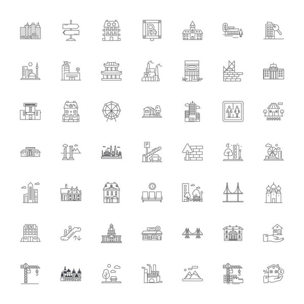 City linear icons, signs, symbols vector line illustration set