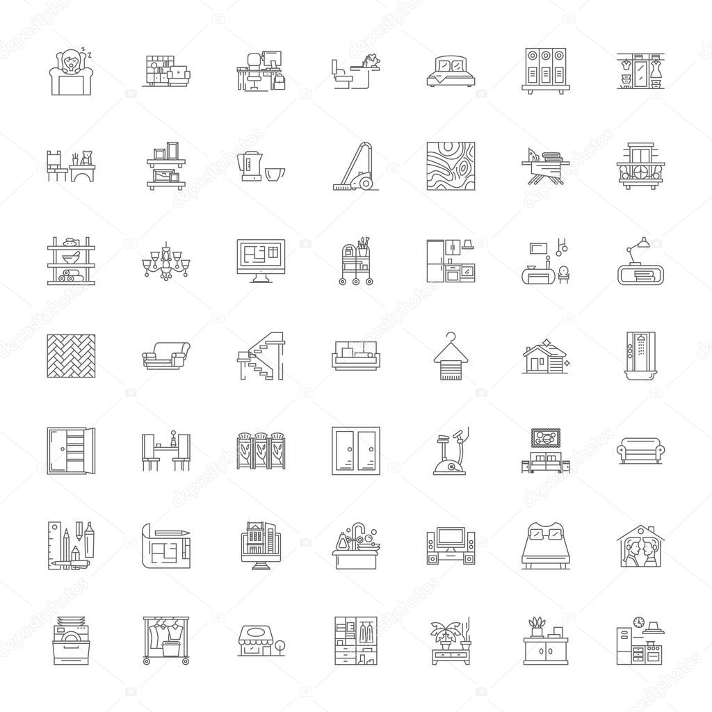 Interior design linear icons, signs, symbols vector line illustration set