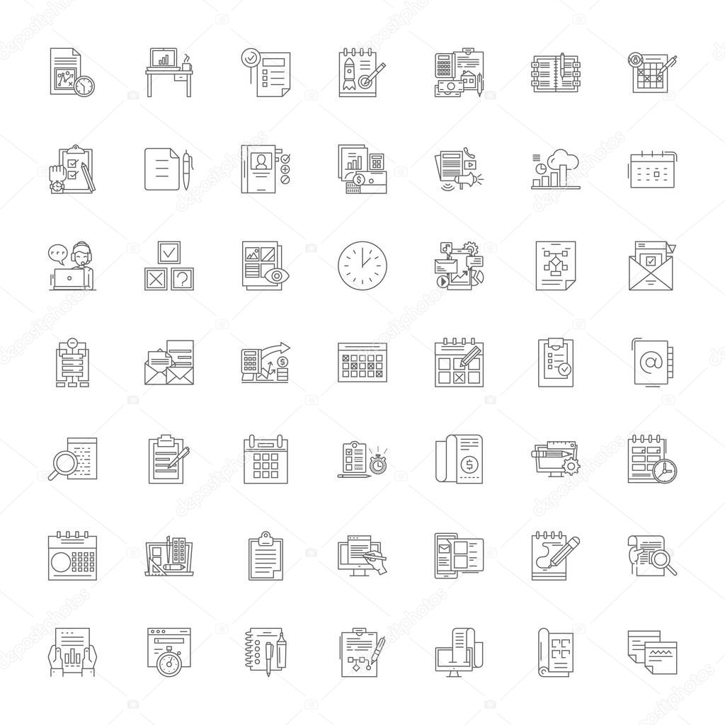 Calendar linear icons, signs, symbols vector line illustration set