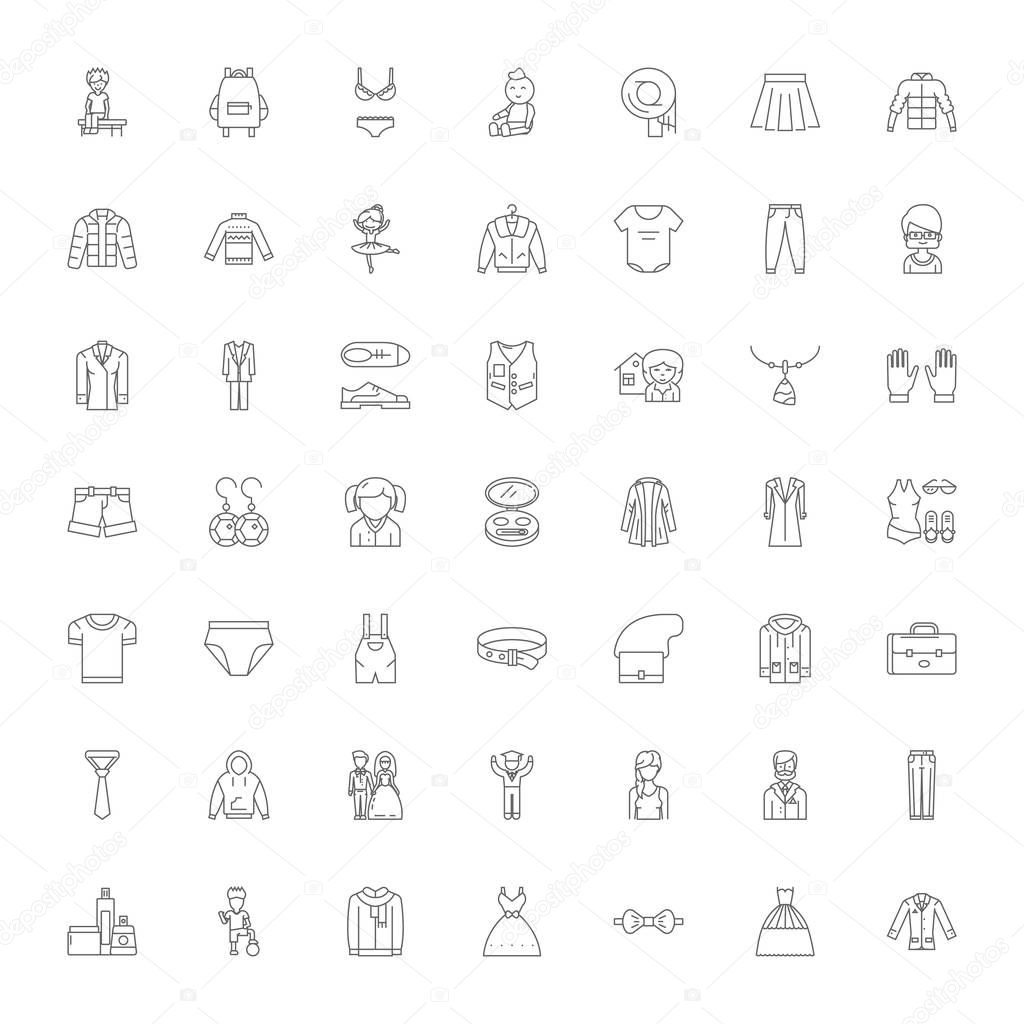 Clothing store linear icons, signs, symbols vector line illustration set