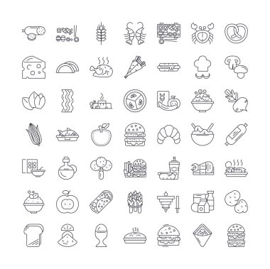 Gıda ürünleri doğrusal simgeler, işaretler, semboller vektör çizgisi çizimi