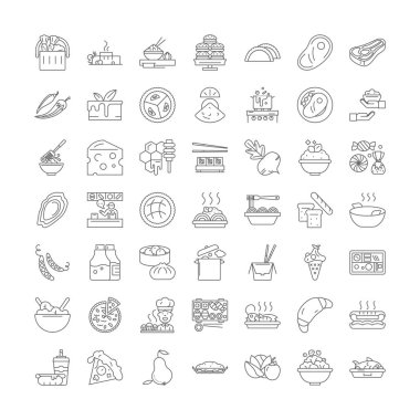 Gıda alışveriş merkezi doğrusal simgeleri, işaretler, semboller vektör çizgisi çizimi