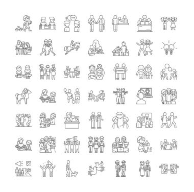 Arkadaşlık ve arkadaşlar doğrusal simgeler, işaretler, semboller vektör çizgisi çizimi