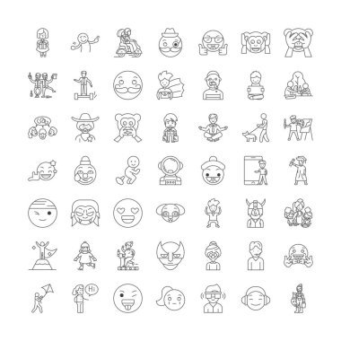 Komik insanlar doğrusal simgeler, işaretler, semboller vektör çizgisi çizimi