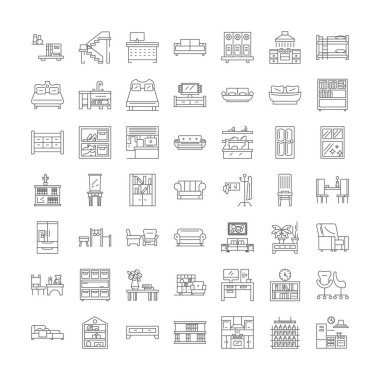 Mobilya doğrusal simgeleri, işaretler, semboller vektör çizgisi çizimi
