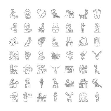 Kızlar doğrusal simgeler, işaretler, semboller vektör çizgisi çizimi