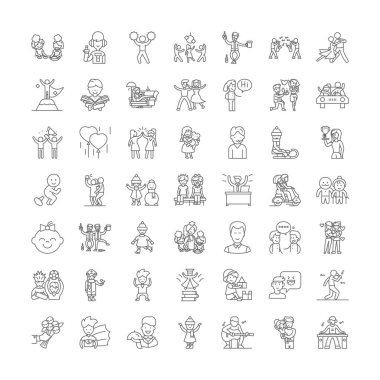 Mutlu insanlar doğrusal simgeler, işaretler, semboller vektör çizgisi çizimi