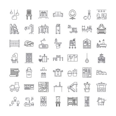 İç tasarım doğrusal simgeler, işaretler, semboller vektör çizgisi çizimi