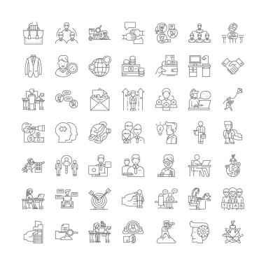 Görev araması doğrusal simgeler, işaretler, semboller vektör çizgisi çizimi