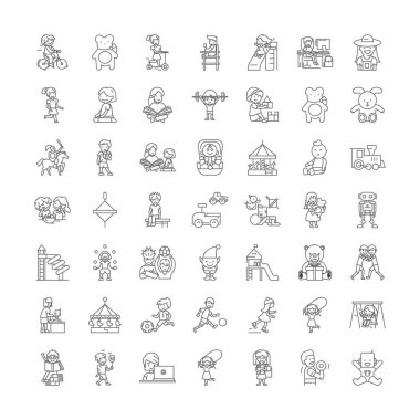 Çocuk oyunları doğrusal simgeler, işaretler, semboller vektör çizgisi çizimi