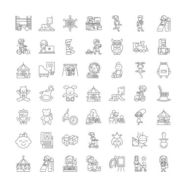 Anaokulu doğrusal simgeleri, işaretler, semboller vektör çizgisi çizimi