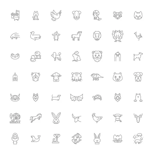 Cartoon animals linear icons, signs, symbols vector line illustration set — Stock Vector