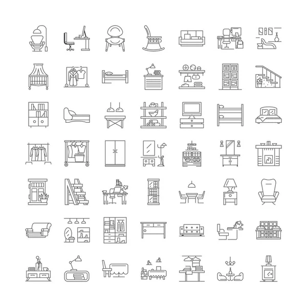 Pokojový nábytek lineární ikony, značky, symboly vektorové čáry ilustrační set — Stockový vektor