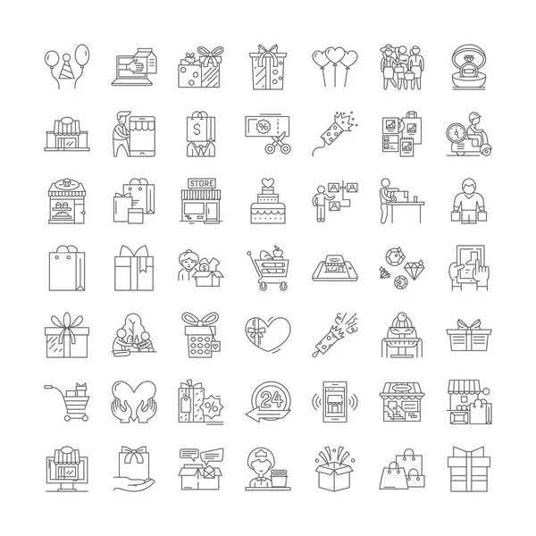 Regalos iconos lineales, signos, símbolos vector línea ilustración conjunto — Vector de stock