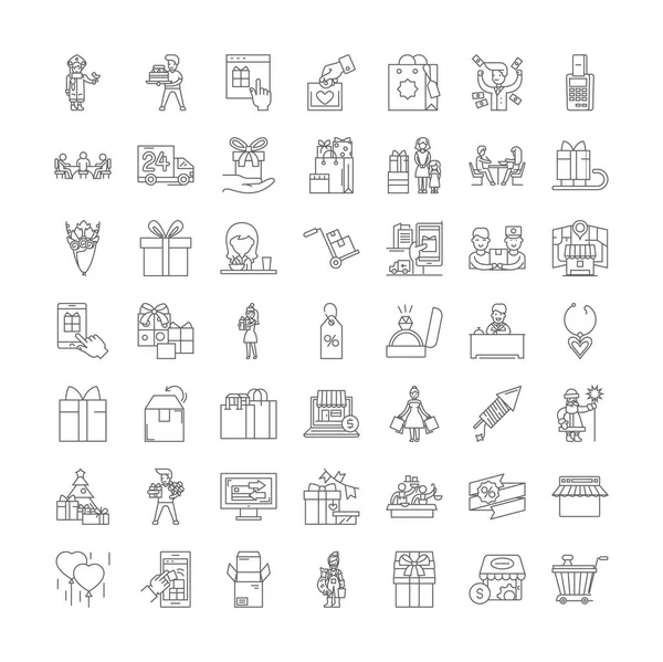 Geschenke Shop lineare Symbole, Zeichen, Symbole Vektor Linie Illustration Set — Stockvektor