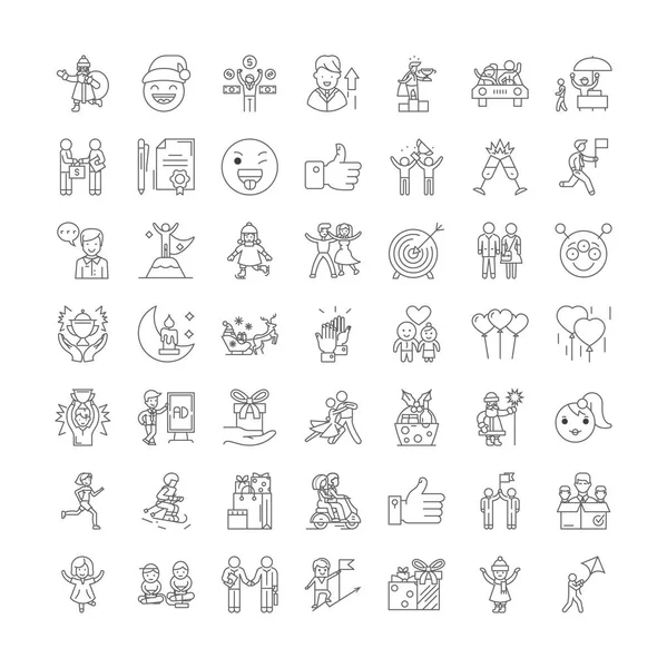 Alegría iconos lineales, signos, símbolos vector línea ilustración conjunto — Vector de stock