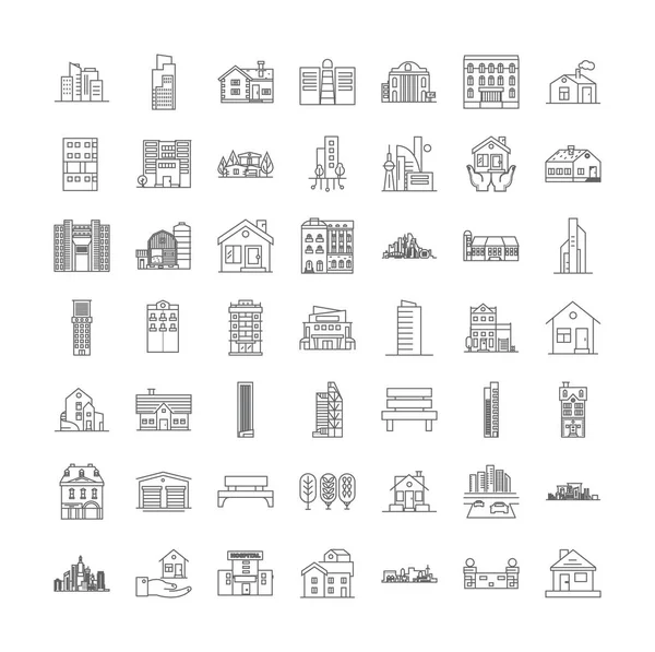 Casas iconos lineales, signos, símbolos vector línea ilustración conjunto — Vector de stock