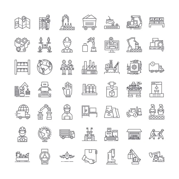 Lineare Symbole, Zeichen, Symbole, Vektorzeilen-Illustrationsset für Industrieautomation — Stockvektor