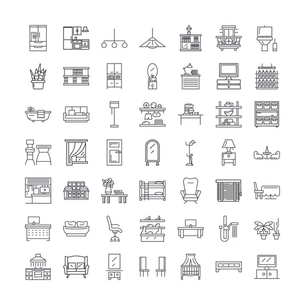 Iconos lineales decoración interior, signos, símbolos vector línea ilustración conjunto — Vector de stock